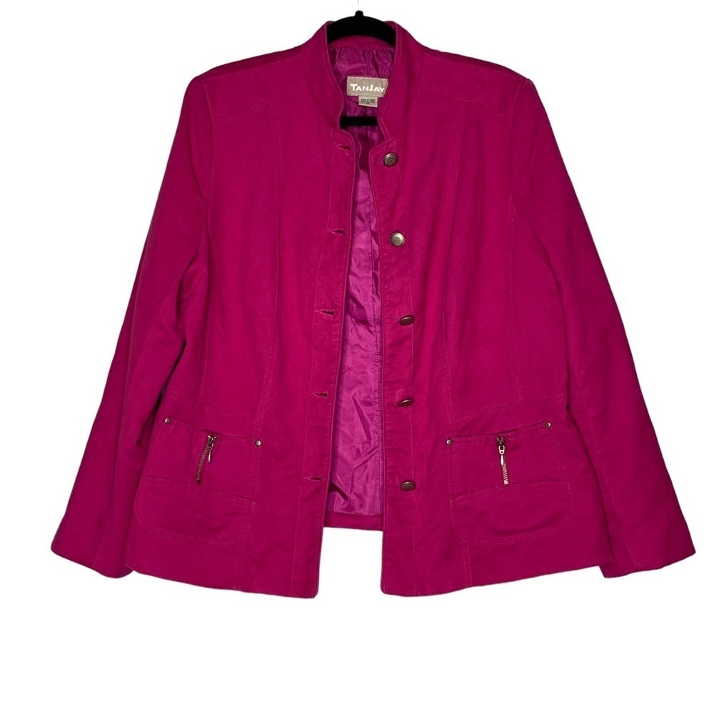 TanJay hot pink poly suede button down jacket. Size 14